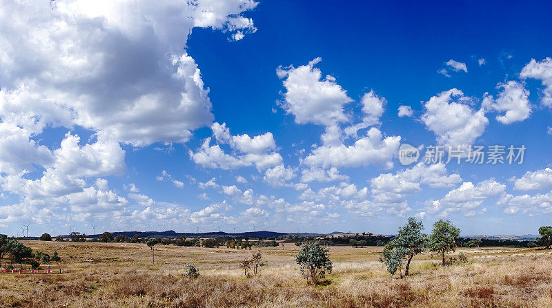 夏末，甜美的蓝天和蓬松的白云笼罩在新南威尔士州亚斯附近干燥干旱的农田上空