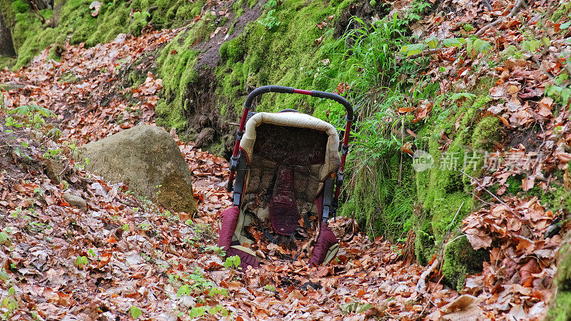 被扔在森林里的令人毛骨悚然的脏婴儿车