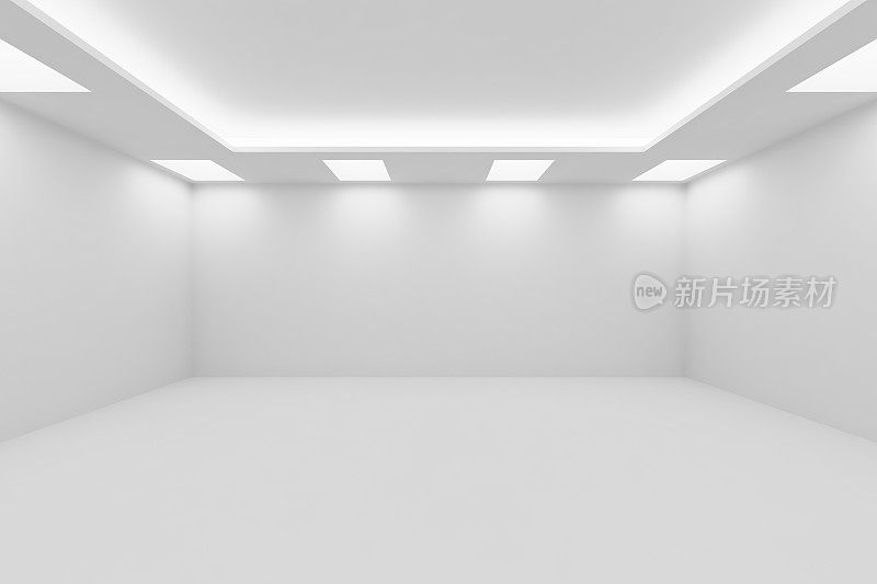 宽敞空旷的白色房间，天花板上有方形的灯