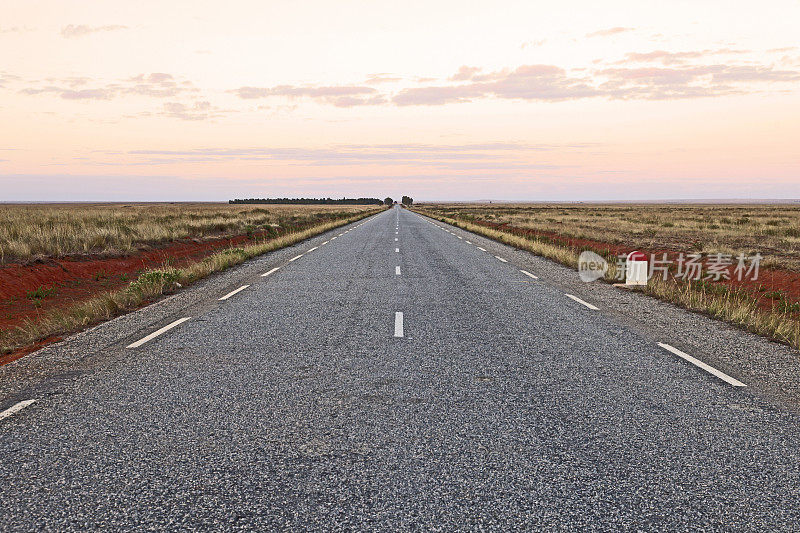 穿过热带草原的漫长而笔直的道路;日落