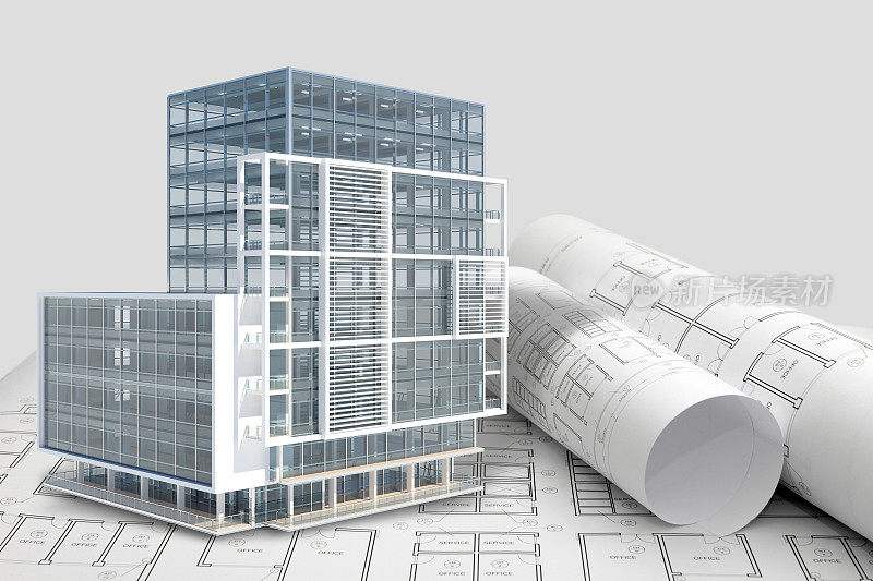 建筑设计图，带有办公楼外观和三维模型