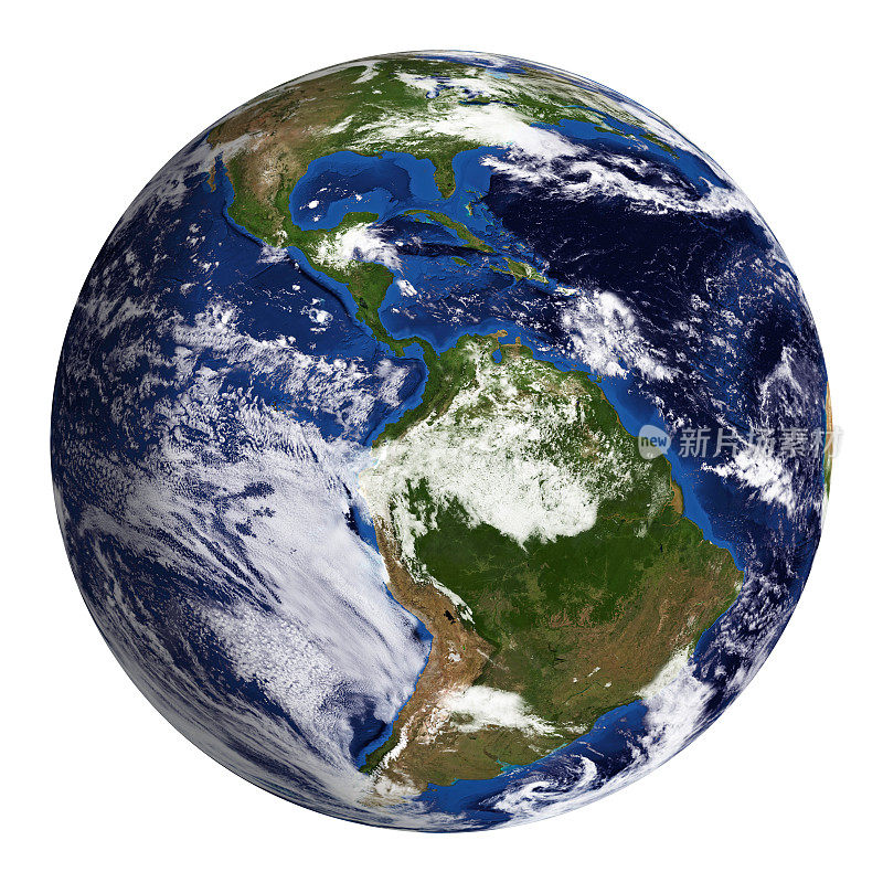 地球模型:南美洲视图孤立在白色上