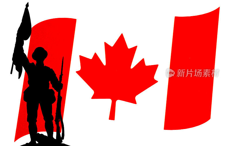 加拿大国旗，一个士兵举着国旗的剪影