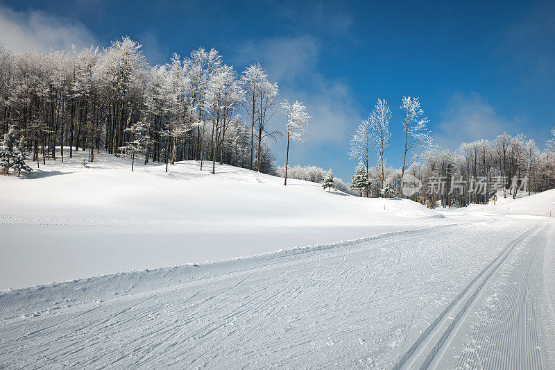 美丽的冬季景色与越野滑雪轨道