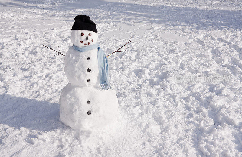 雪人戴着帽子和围巾在雪地里