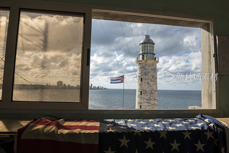 古巴和美国国旗在哈瓦那