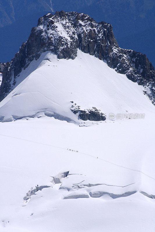 登山运动员在可能发生的雪崩下留下的痕迹