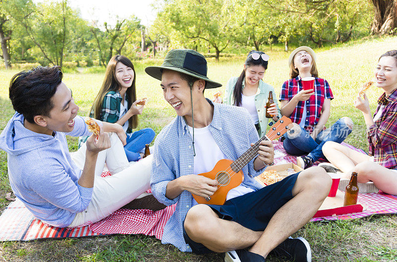 快乐的年轻群享受野餐派对