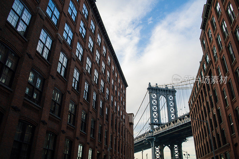 美国纽约布鲁克林的曼哈顿桥和砖砌建筑