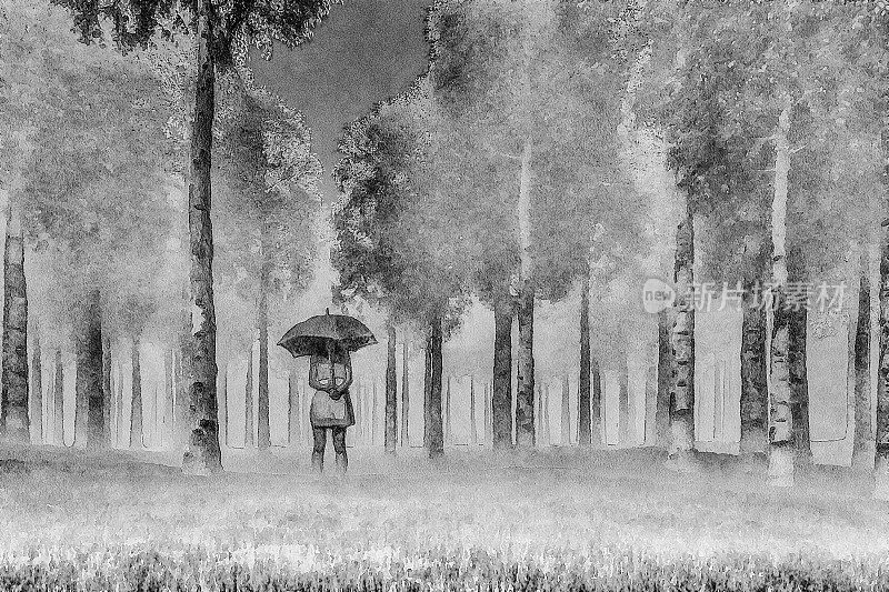 在白杨树林中拿着伞的女人