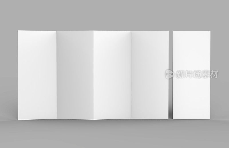 手风琴折页宣传册，八页四板传单，手风琴折页。空白白色3d渲染插图。