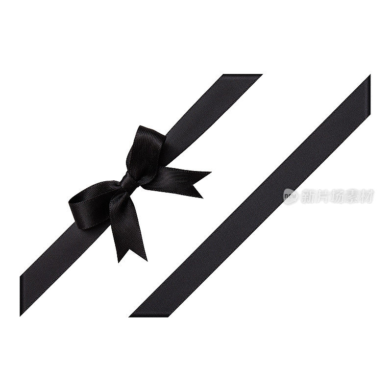 黑色的礼物丝带系在一个蝴蝶结上白色的背景，剪出顶视图