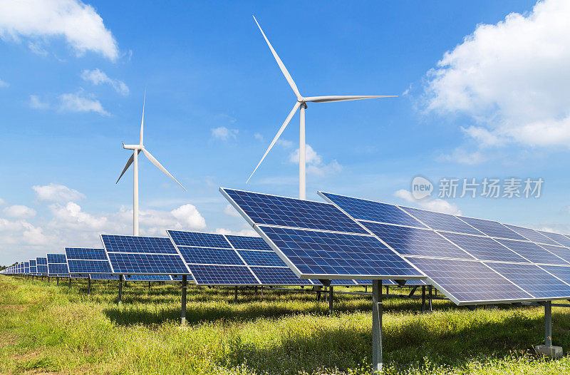 发电厂的太阳能电池板和风力涡轮机