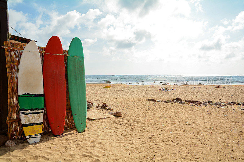 冲浪板在普拉亚多阿马多，海滩和冲浪者地点，葡萄牙阿尔加维