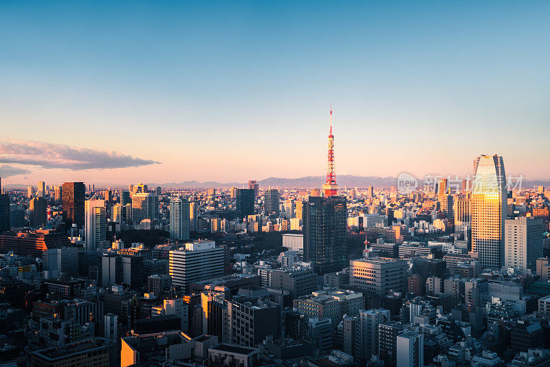 东京，日本，东京塔的天际线