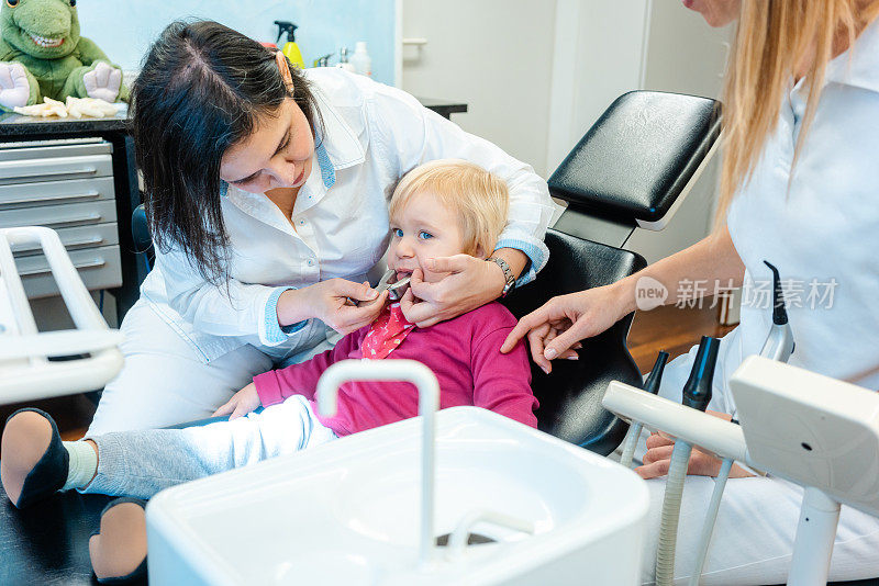 正牙医生正在检查小孩的牙齿