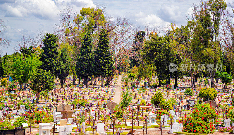 布宜诺斯艾利斯公墓全景在一个阳光明媚的春天的一天