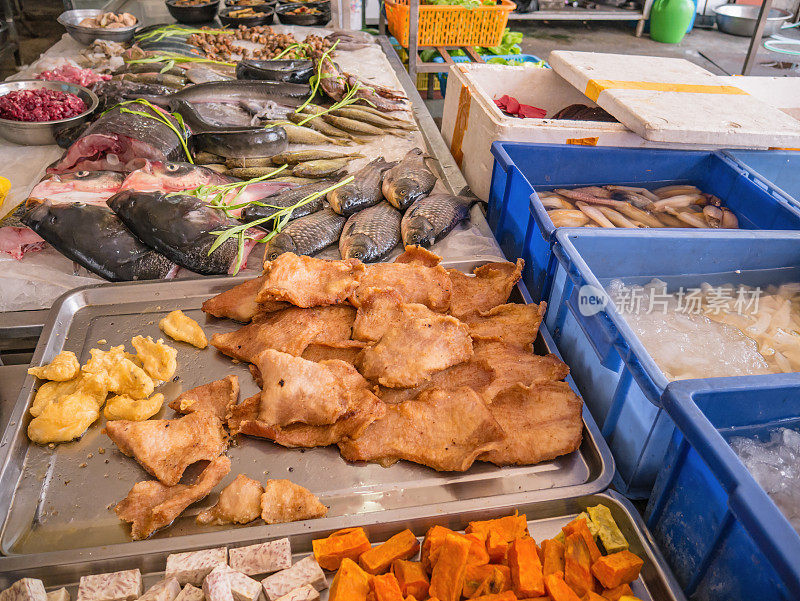 中国汕头市中餐馆的食材和肉。汕头市潮汕人在中国广东。