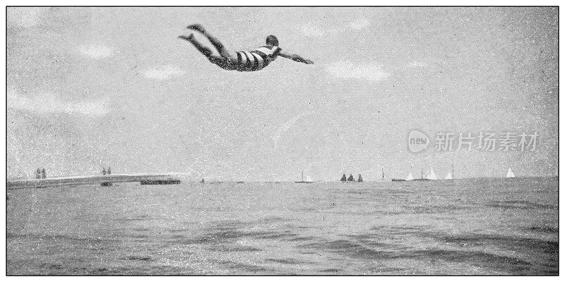 旧式黑白照片的运动，运动员和休闲活动在19世纪:跳板跳水