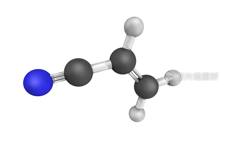 丙烯腈的三维结构，一种无色挥发性液体。它是一种重要的单体，用于制造有用的塑料，如聚丙烯腈。它在低剂量时具有反应性和毒性。