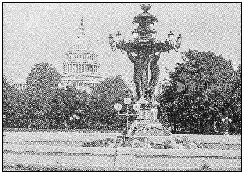 美国华盛顿的古老黑白照片:巴托尔迪喷泉
