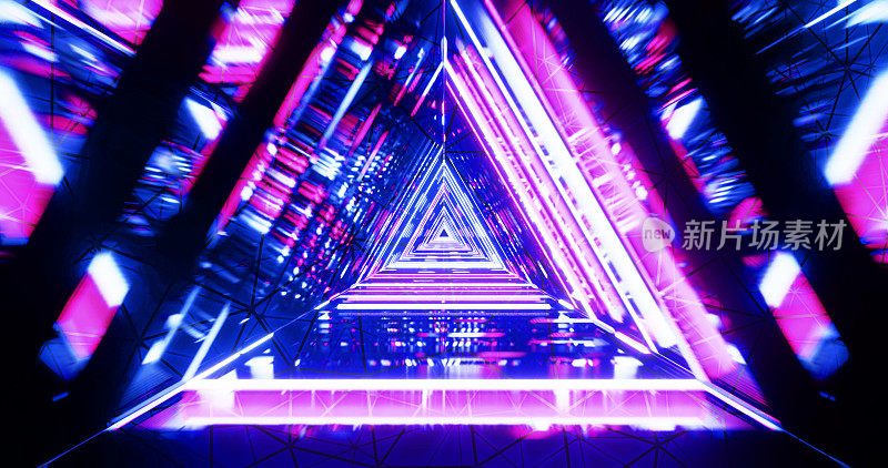 抽象的未来主义三角形走廊，荧光紫外线，彩色激光霓虹线，几何无尽的隧道，3d插图