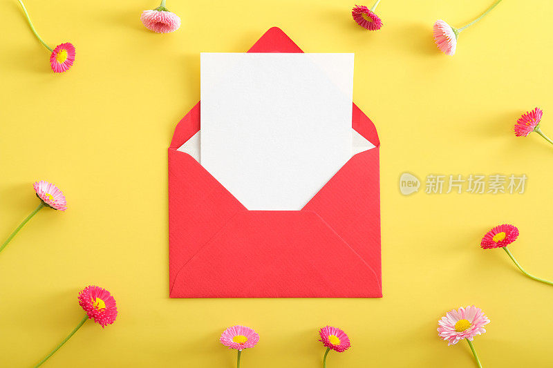 红色开放信封与空白纸卡模型和野花在黄色的背景。平铺构图，俯视图，复制空间。情书，浪漫的概念。