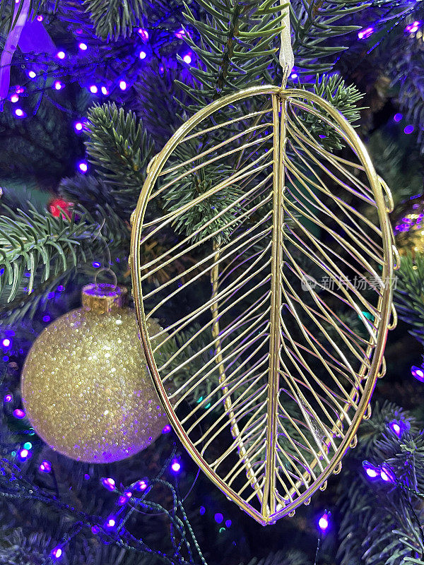 个人黄金的特写图像，3D叶子装饰挂在人造圣诞树树枝上的金丝带，云杉针，模糊紫色，彩色的精灵灯背景