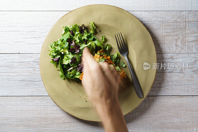 添加香料素食牧羊人派有机食物与沙拉盘