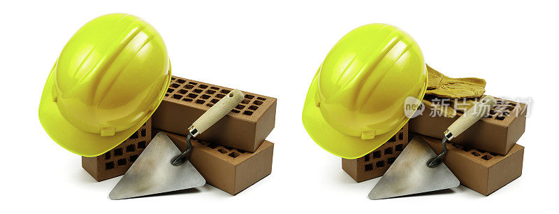 石匠工具:泥刀、砖块和头盔