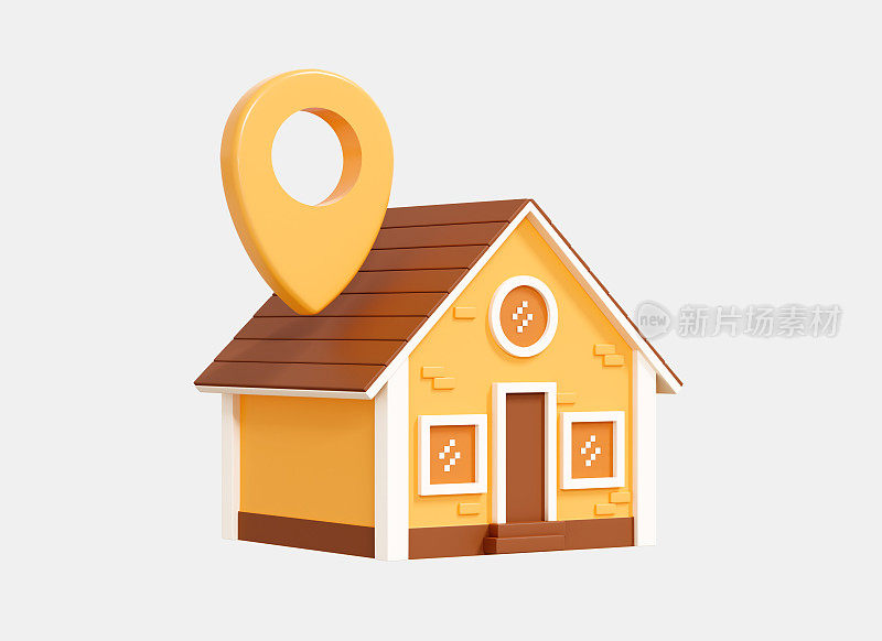 带有pin位置的3D建筑房屋。房地产和路标。送货上门。GPS导航。黄色的房子很小。卡通创意设计图标孤立在白底。三维渲染