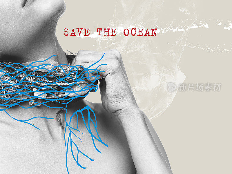 世界海洋日，世界环境日，地球日，世界海洋日的概念。艺术拼贴，塑料污染中的女人设计。保持海洋清洁。