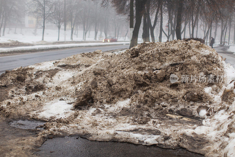 路边。肮脏的积雪。污染