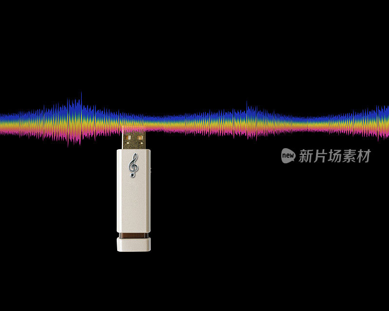 音乐USB闪存与声音均衡器波线对黑色背景