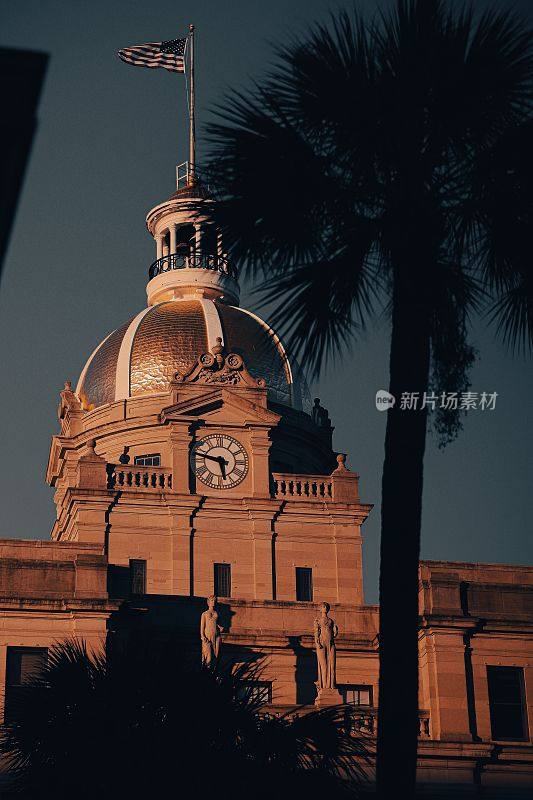 萨凡纳市政厅标志性的金色圆顶的外部视图，背景是高大的棕榈树