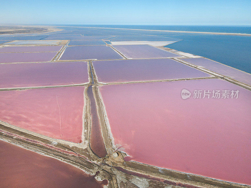 纳米比亚沃尔维斯湾粉色湖的无人机视角