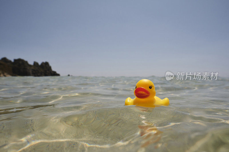 一个阳光明媚的夏日，在康沃尔郡的佩顿温德海滩，橡皮鸭漂浮在清澈的蓝色大海上。
