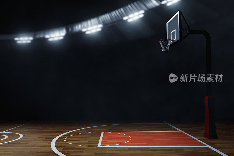 3d插图空黑暗的职业篮球场竞技场在夜间背景