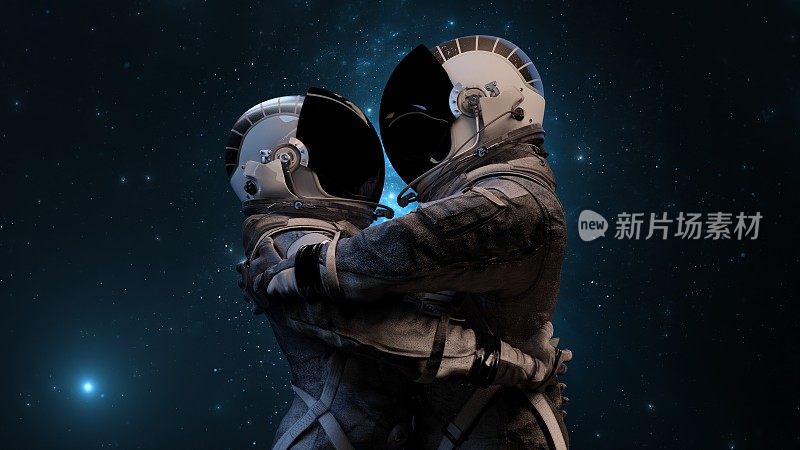 两名宇航员夫妇穿着宇航服，在遥远的恒星和浩瀚的宇宙背景下拥抱。爱情巨大，男人和女人。三维渲染