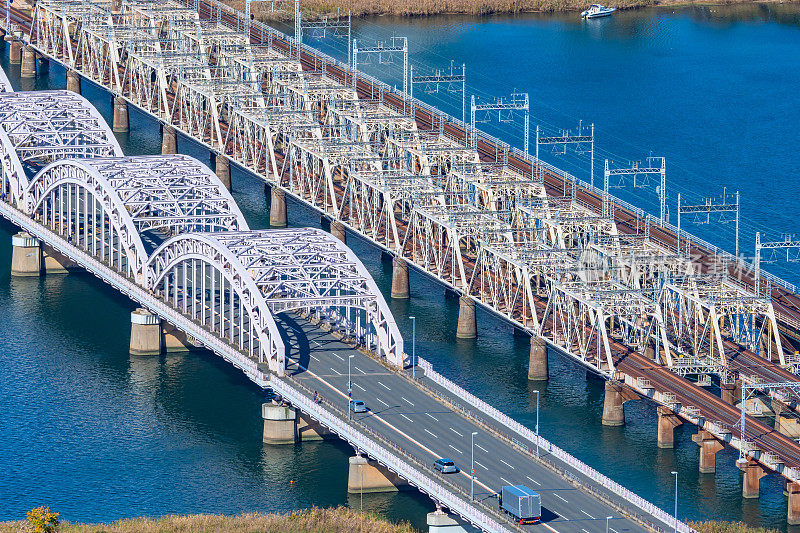 大阪。日本。Yodo河上的桥梁。汽车、铁路桥。道路结构。日本的道路。日本的火车旅行。通往大阪市的铁路。汽车在桥上行驶。桥顶视图