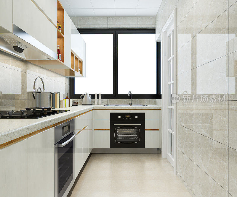 三维渲染现代厨房柜台与白色和米色设计