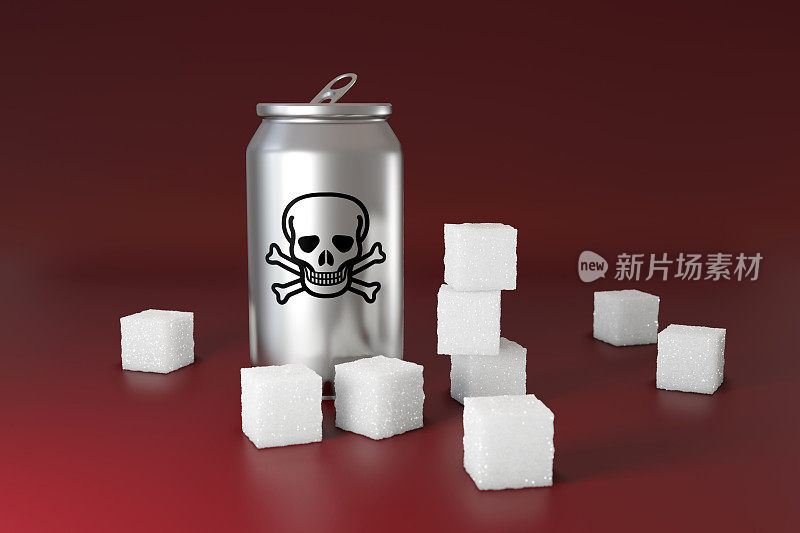 银制苏打罐，暗红色背景上有一个头骨标记，周围是白糖块。说明不健康的高糖饮料的概念