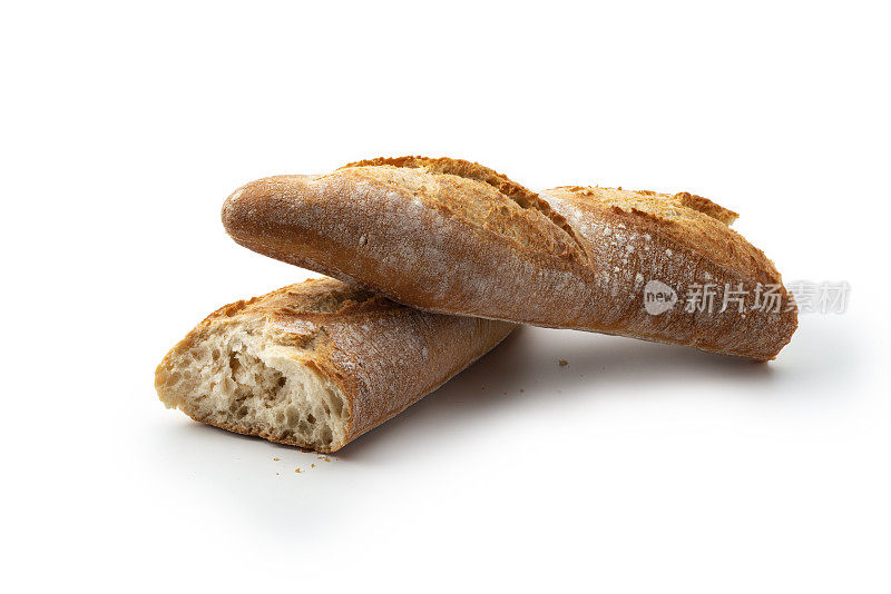 面包:一个破碎的法棍面包孤立在白色背景上