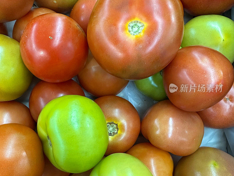 全帧图像的新鲜农产品市场的成熟的红色和未成熟的绿色西红柿(茄)堆，高架视图
