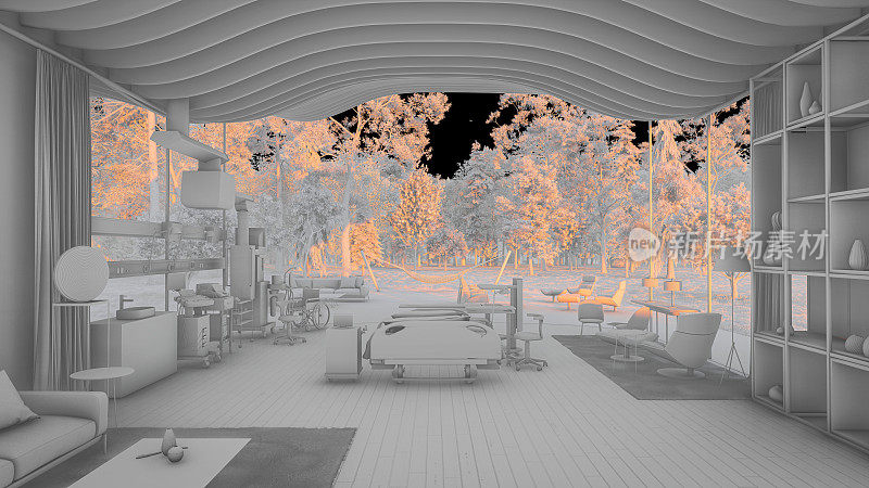 豪华病房室内设计的3D模型，在日落时可以欣赏到令人难以置信的自然景观