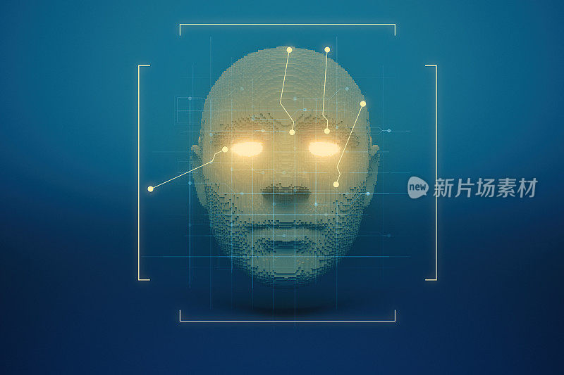 机器人头部具有节点、人工智能和机器学习的概念