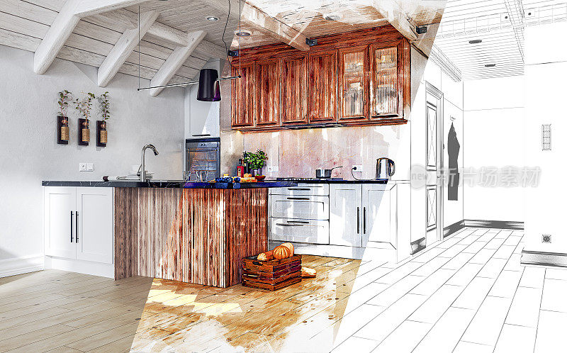 3个版本的照片:渲染图，带有标记效果的草图，铅笔草图(建筑师的平面图)，从中心淡出:复古的白色和硬木厨房，矩形黑色大理石早餐厨房岛和走廊的窥视
