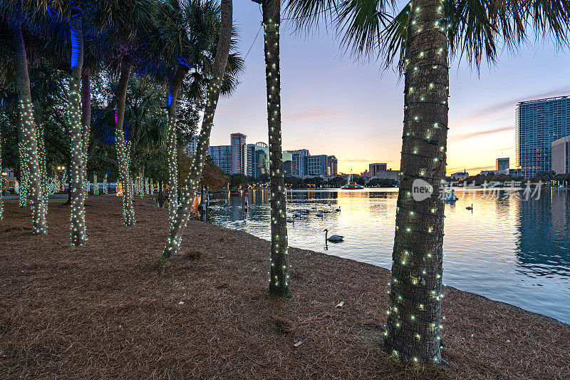 圣诞节期间，美国佛罗里达州奥兰多市中心Eola湖公园上充满活力的日落