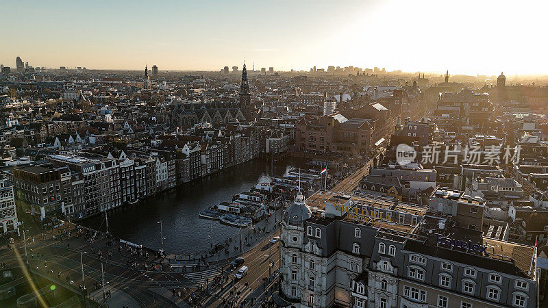 荷兰阿姆斯特丹著名景点鸟瞰图，运河和老中心区鸟瞰图，阿姆斯特丹运河上的排屋鸟瞰图，阿姆斯特丹传统的老窄屋船和运河