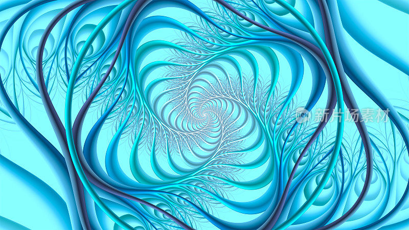 抽象螺旋形艺术背景。无限的蓝色管子，外表像羽毛一样。